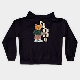 teddy bear cartoon in skater style holding skateboard Kids Hoodie